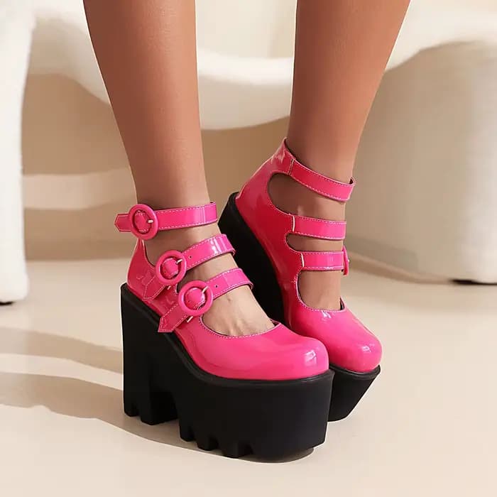 Escarpins en cuir verni brillant pour femmes, talons hauts, plateforme super haute, 3 rangées de l'o