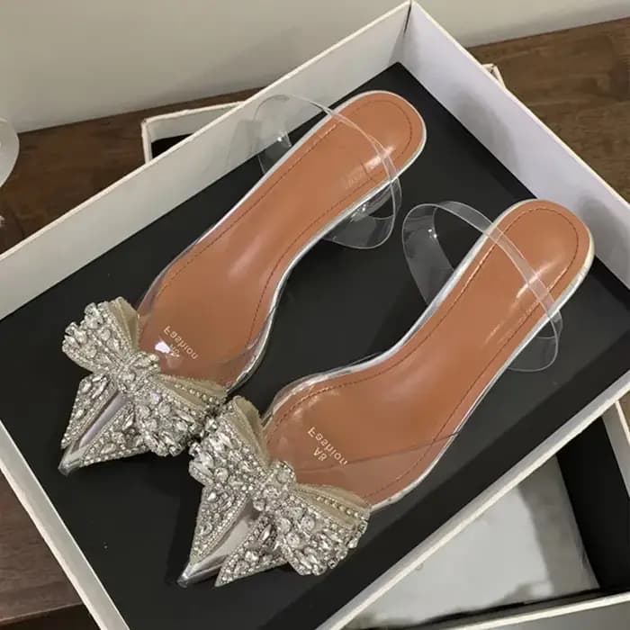 Liyke 2026 printemps Sexy Slingback chaussures femmes Mules sandales mode cristal diamant nœud papillon bout pointu talons transparents pompes