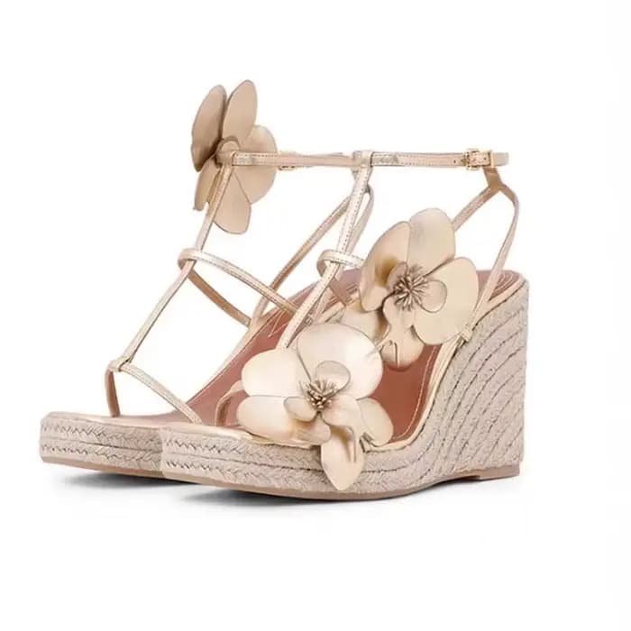 Sandales compensées espadrilles pour femme, à motif floral, bout ouvert, plateforme, à bride unique,