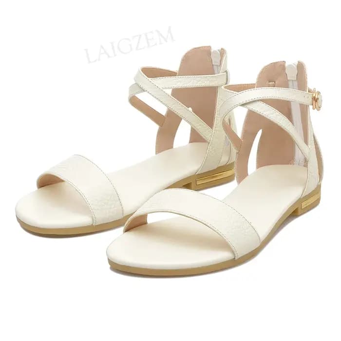 Sandales à talons plats en cuir véritable pour femme