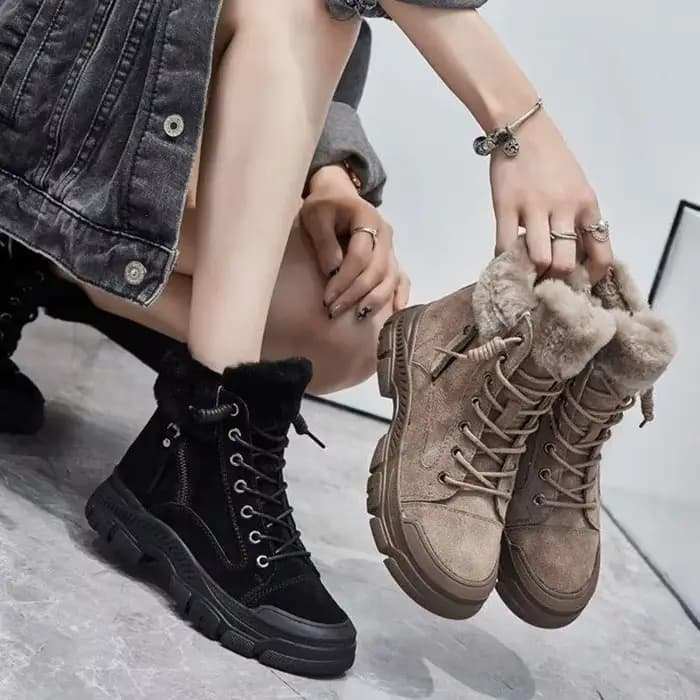 Chaussures d'hiver femmes bottes de neige semelle épaisse chaud en peluche en cuir véritable marque