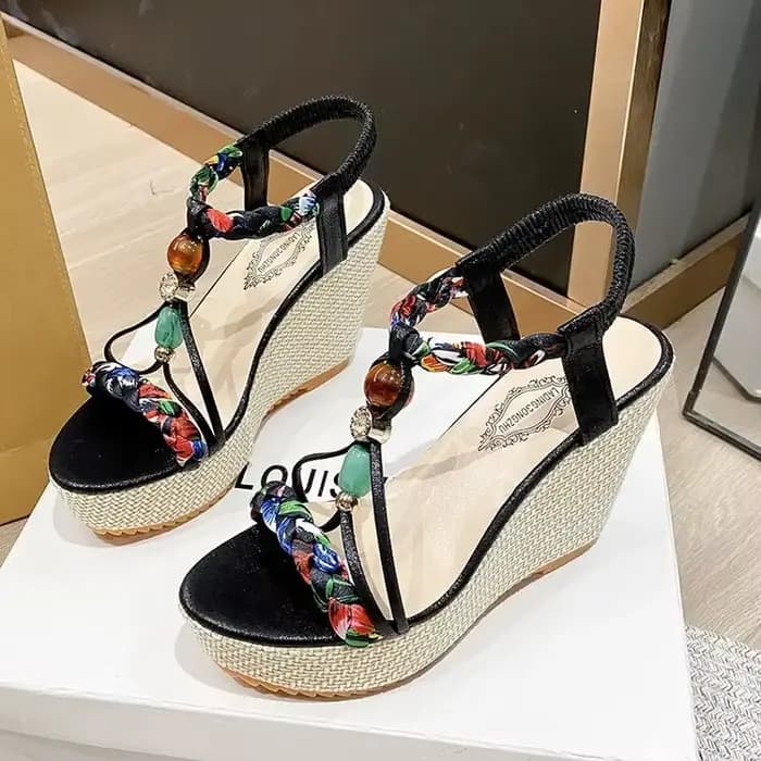 Sandales à talon compensé élastique grande taille pour femme, style ethnique, nouvelle collection pr