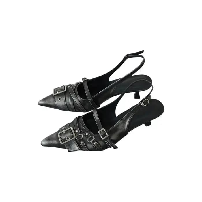 2025Vintage sandales à talons aiguilles automne nouveau bout pointu rivet peu profond boucle en métal une sangle
