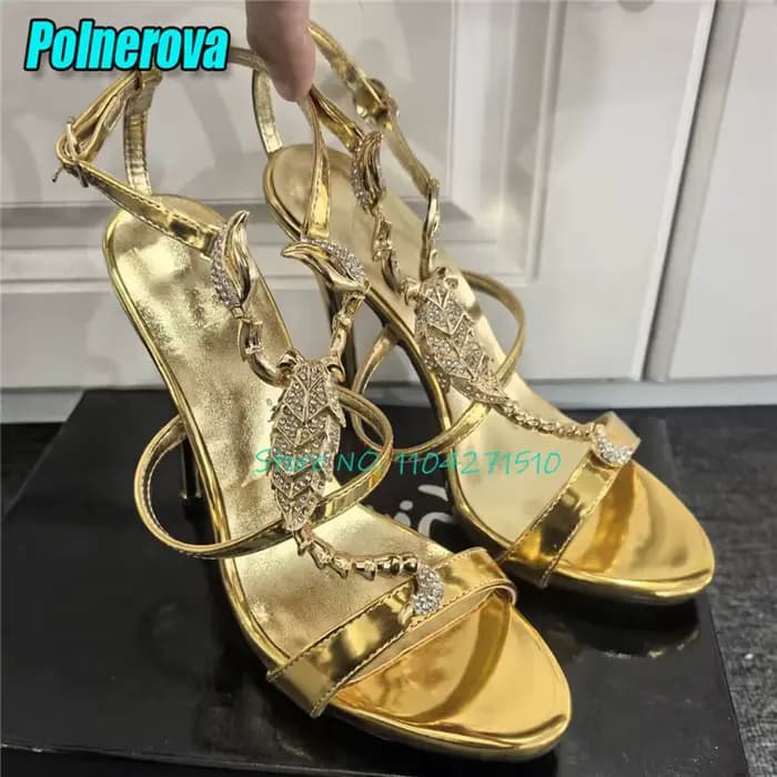 Cristal Scorpion décor t-strap sandales de luxe en cuir noir bout ouvert cheville boucle talons hauts été Sexy femmes