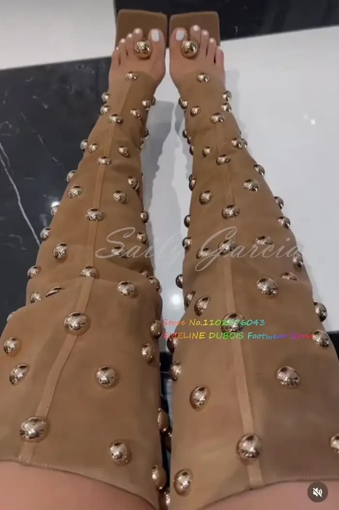 Rivets en métal doré embellissement botte à talons hauts femmes Denim bout carré talon aiguille dos fermeture éclair tongs cuissardes