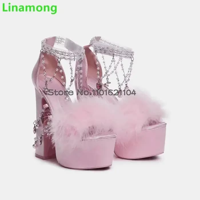Sandales en cristal de fourrure rose pour femmes, design de luxe, talon carré, plate-forme, mode élé