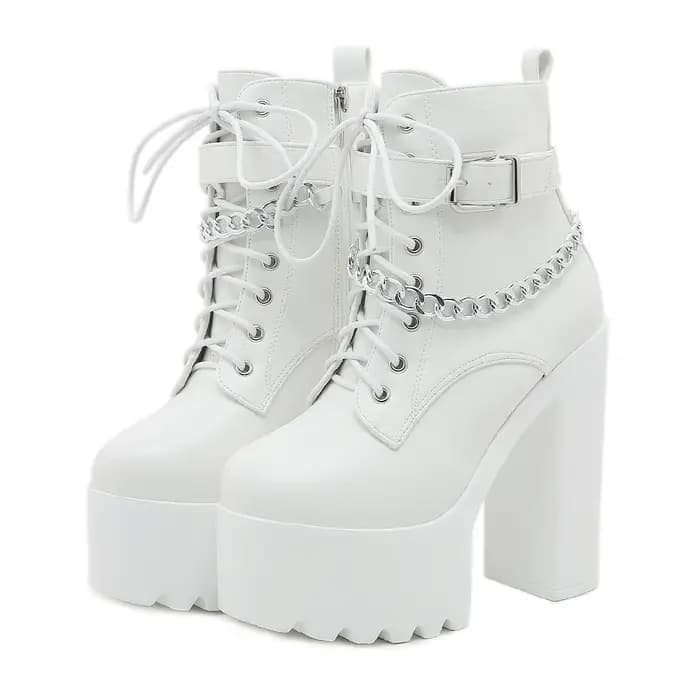 Gdgydh femmes chaîne décor bloc bottes à talons mode à lacets côté fermeture éclair plate-forme
