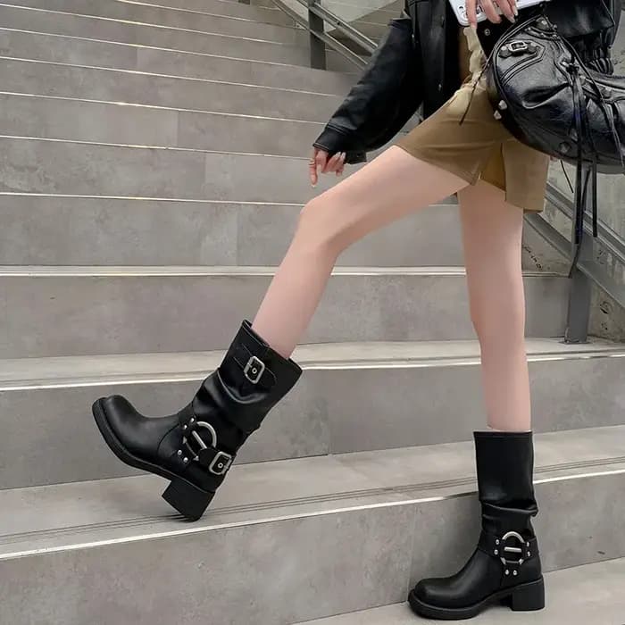 Femmes mi-mollet bottes femme boucle chaussures talon carré
