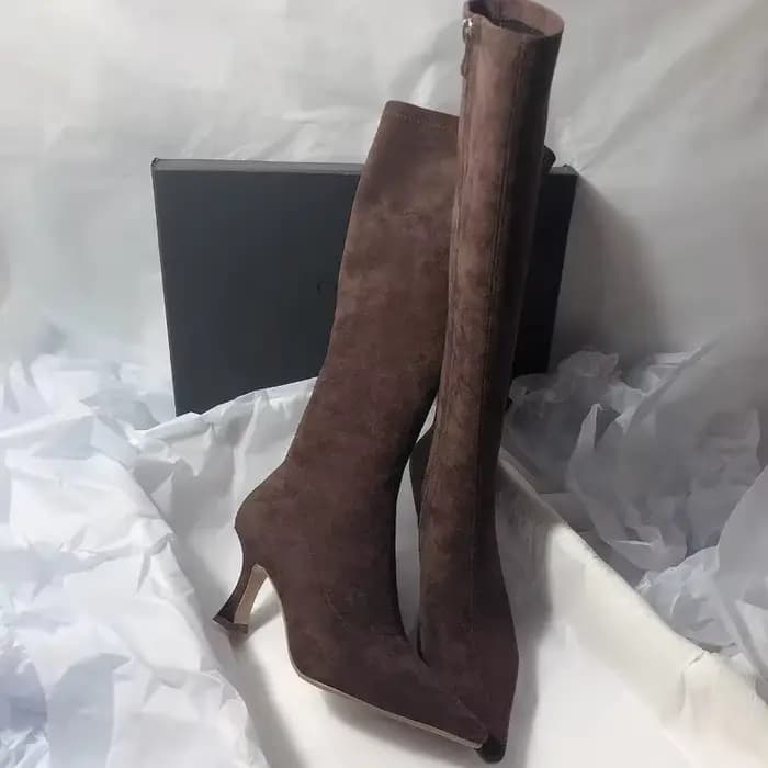 Bottes fines en daim à bout pointu avec fermeture éclair latérale, antidérapantes, résistantes à l'usure, chaussures longues à talons aiguilles, nouvelle collection automne