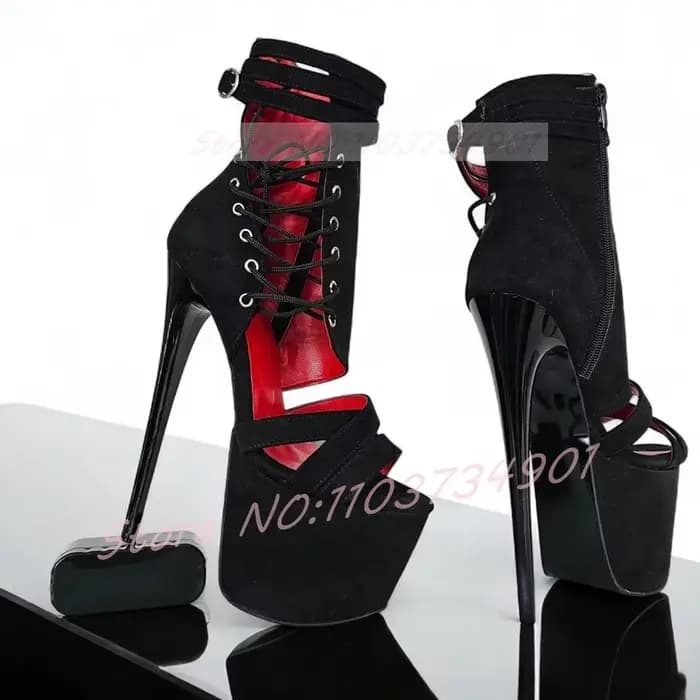 Sandales à talons aiguilles noires et sexy pour femmes, enveloppe de cheville, boucle à lacets, bout ouvert, doublure rouge, talons hauts, bottes gothiques d'été