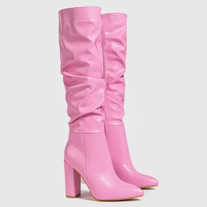 Bout pointu talon épais femmes bottes plissé côté fermeture éclair