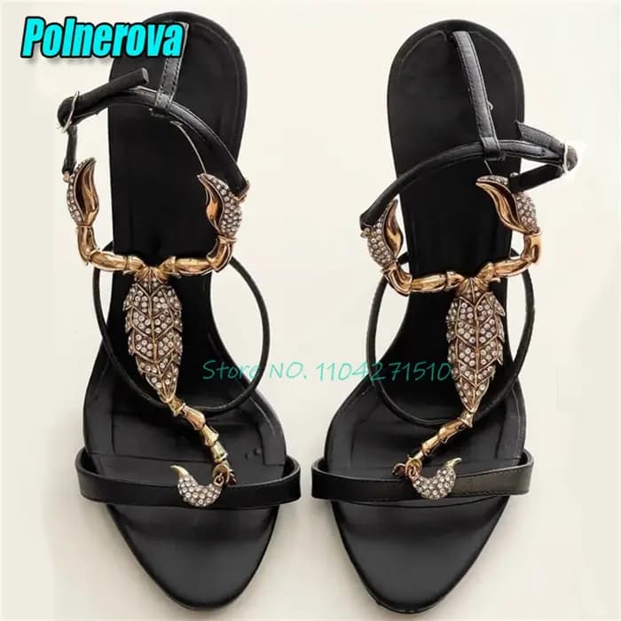 Cristal Scorpion décor t-strap sandales de luxe en cuir noir bout ouvert cheville boucle talons hauts été Sexy femmes