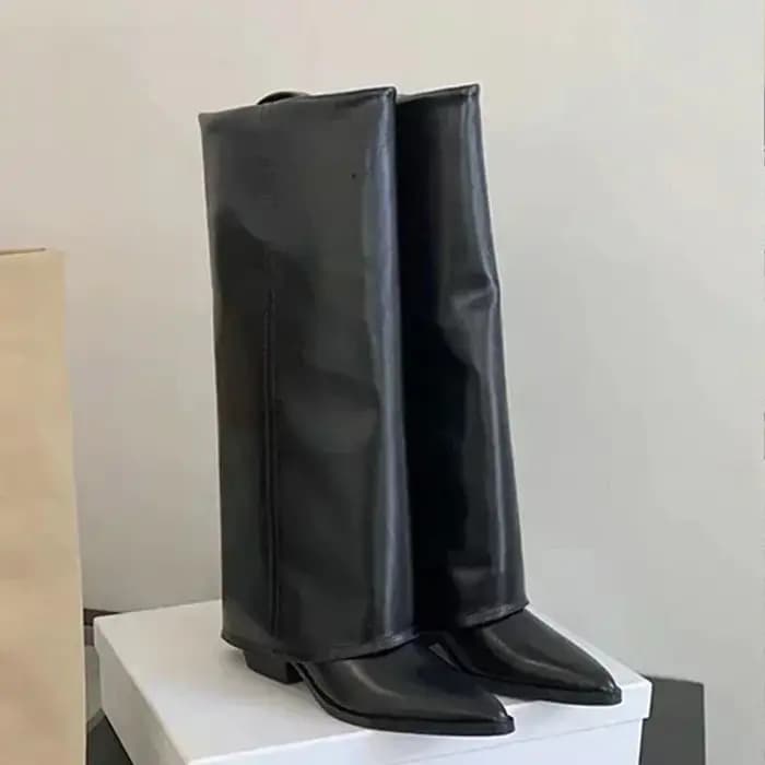 Femmes bottes genou talons hauts en cuir grosses chaussures de mode bout pointu neige