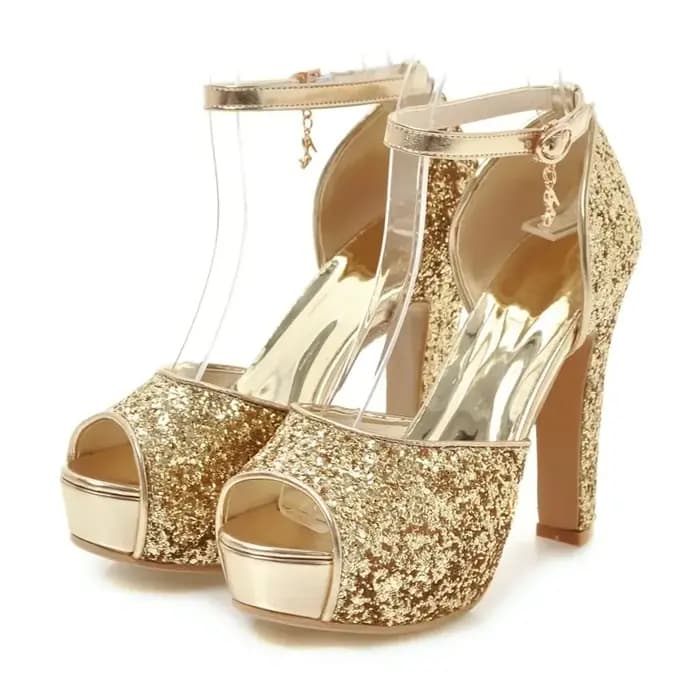Femmes plate-forme sandales argent or fête de mariage chaussures de bureau haut talon épais Peep orteil paillettes