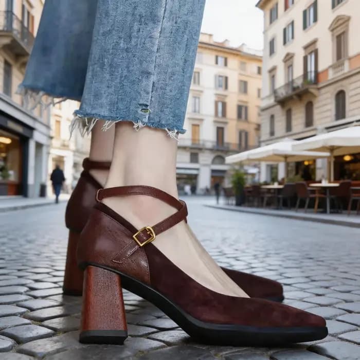 Chaussures à talons hauts, chaussures à plateforme tendance avec bride à la cheville, chaussures de soirée en daim marron à talon carré pour femmes 524