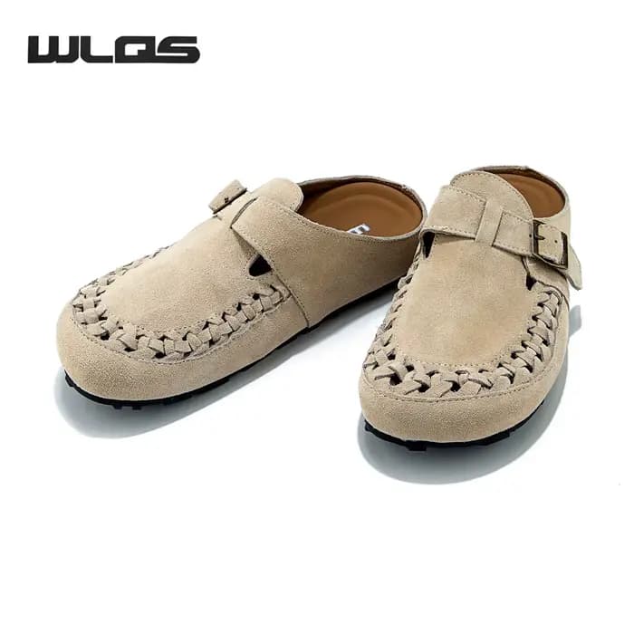 WLQS Mules en Daim Véritable Tressées pour Femmes, Sabots Vintage sans Talon avec Boucle Ajustable,