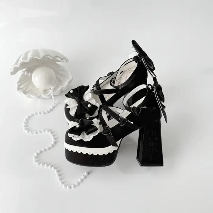 Belles filles Lolita talons hauts plate-forme chaussures, jeunes femmes étudiantes doux perle dentelle nœuds papillon broderie bride à la cheville Mary Janes