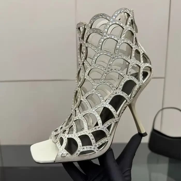 Sandales à talons hauts et fins en cristal brillant pour femmes, bottes ajourées à bout ouvert avec strass scintillants, chaussures de robe de Banquet pour printemps et été
