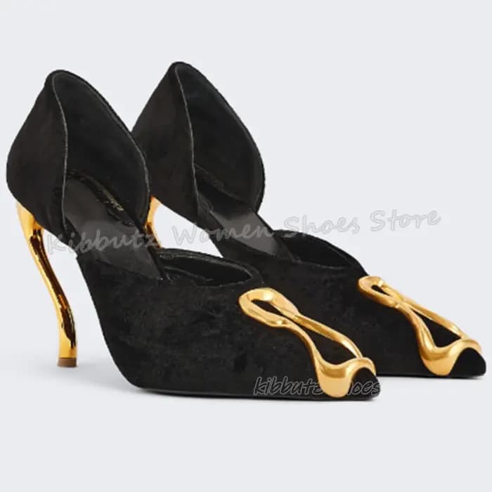 Escarpins à décor en métal en daim à enfiler, couleur unie, mode élégante, confortable, Sexy, chaussures de luxe pour femmes, nouvelles chaussures à bout pointu, talons étranges