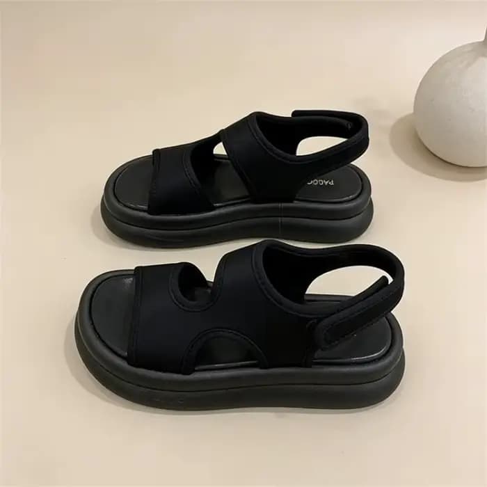 Sandales compensées noires pour femmes 2026 – Nouveauté décontractée à semelle épaisse, bout ouvert, fermeture Velcro, sandales de sport confortables et antidérapantes pour l'été, chaussures de plage