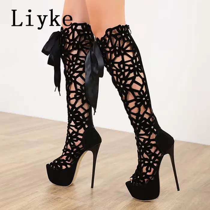 Liyke 16CM Ultra mince talons hauts Sexy discothèque évider sur les bottes au genou femmes Peep orte