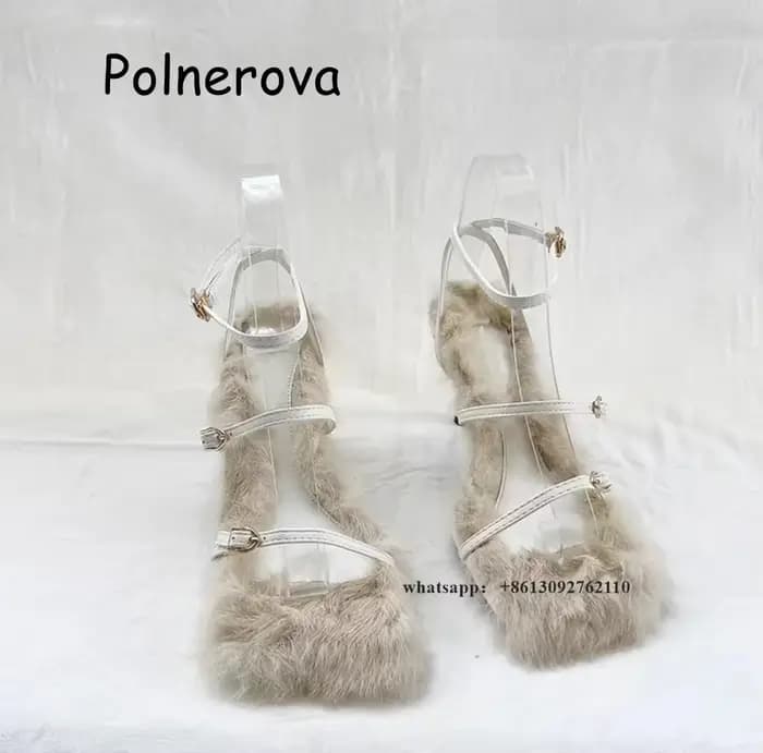 Sandales Parker Carrées en Fourrure pour Femmes, Talons Fins, Ceinture Un Mot, Conception Globale, S