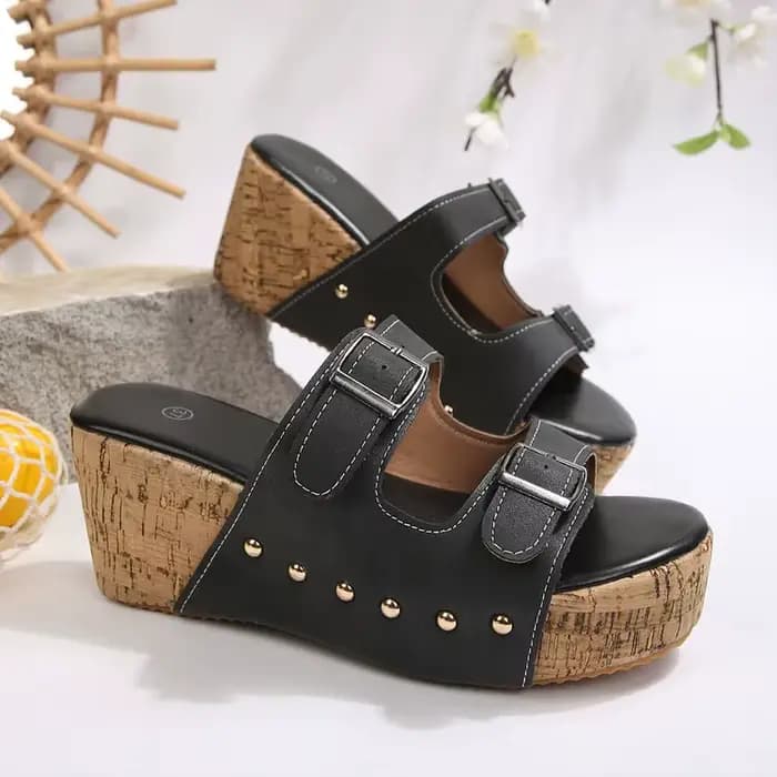 Sandales compensées à rivets pour femme, à double boucle, à enfiler, à bout ouvert, mules décontract