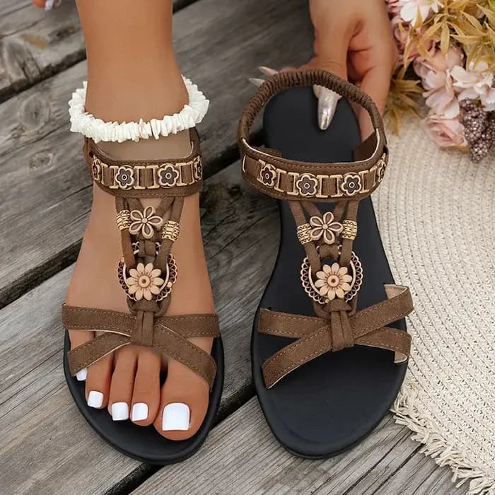 Sandales bohème perlées à fleurs pour femmes été 2025 Style romain