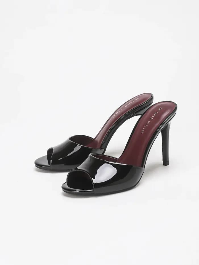 Sandales mules à talon aiguille en cuir PU verni brillant pour femme, à bout ouvert, à enfiler, pour soirée