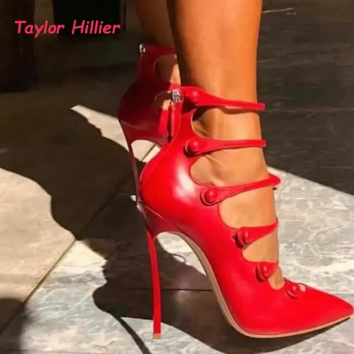 Escarpins à talon aiguille en cuir découpé pour femme, avec bride de cheville tendance, cloutés et f