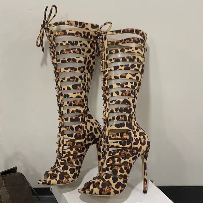 Aneikeh mode évider imprimé léopard concepteur Peep Toe femmes bottes sandales fermeture éclair minc