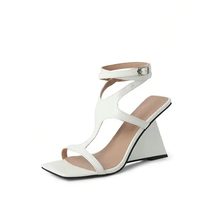 Sandales femmes en cuir verni couleur rouge chair bout ouvert cheville sangle croisée gladiateurs étranges talons hauts