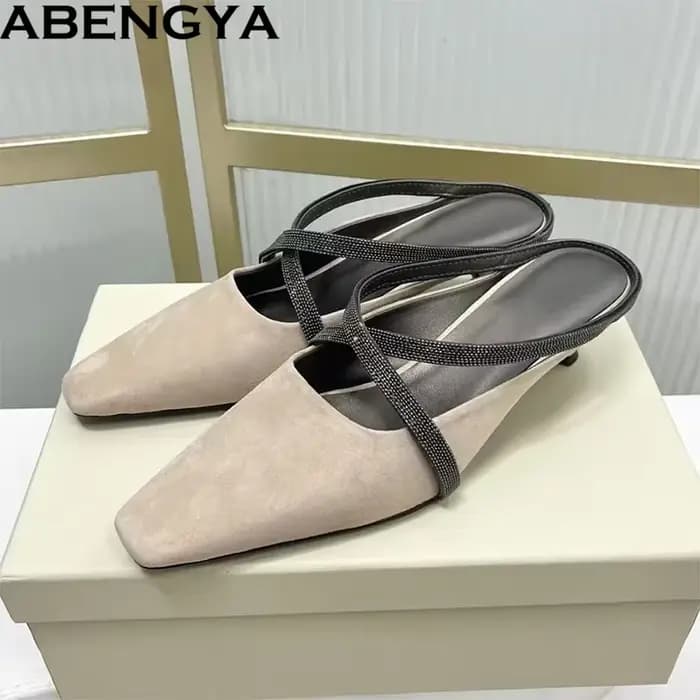 Mules en cuir véritable à talons chaton pour femme, sandales d'été à perles, chaussures de soirée à