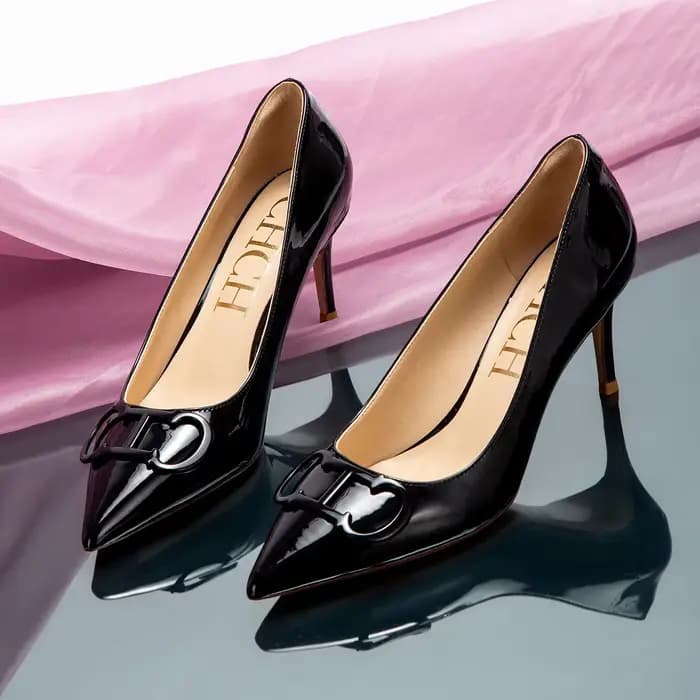 C-H – chaussures à talons hauts pour femmes, chaussures de mariage d'affaires en cuir laqué noir, 7c