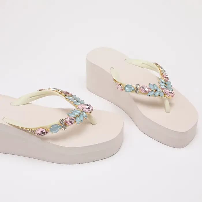 Tongs à talon compensé pour femmes - Sandales plateforme rose blush avec embellissements en cristal Chaussures d'été élégantes