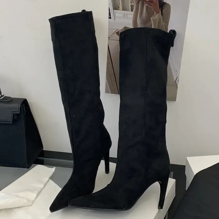 Eilyken hiver Style De rue bout pointu genou-haut femmes bottes talons fins chaussures femme Punk Vintage longs chausson