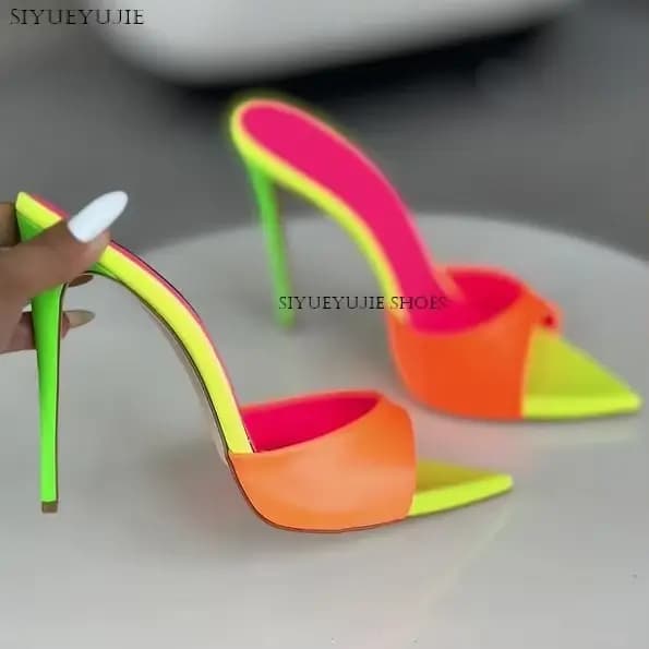 Sandales Orange Mules à talons hauts et bout ouvert pour femmes, pantoufles d'été, sandales de fête,