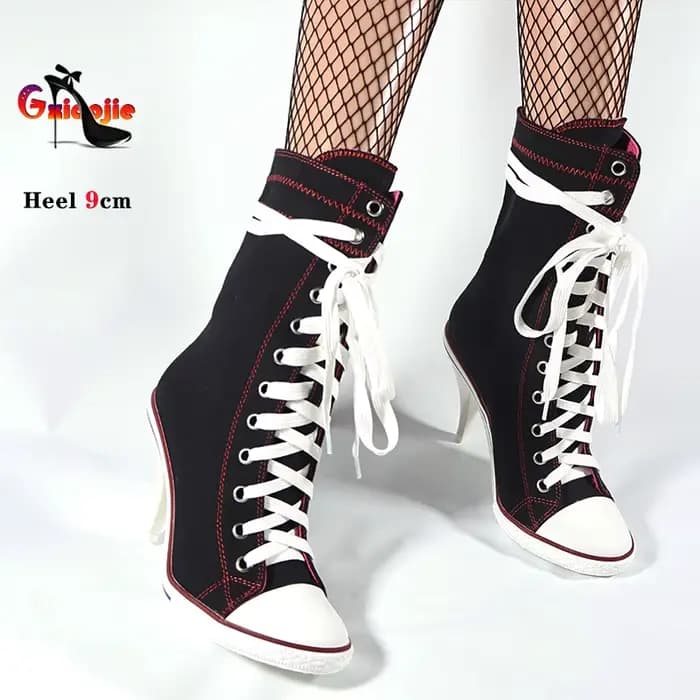 Chaussures simples femme Denim toile chaussures bout rond talons hauts mode baskets hautes à lacets Denim femmes bottes en toile décontractées