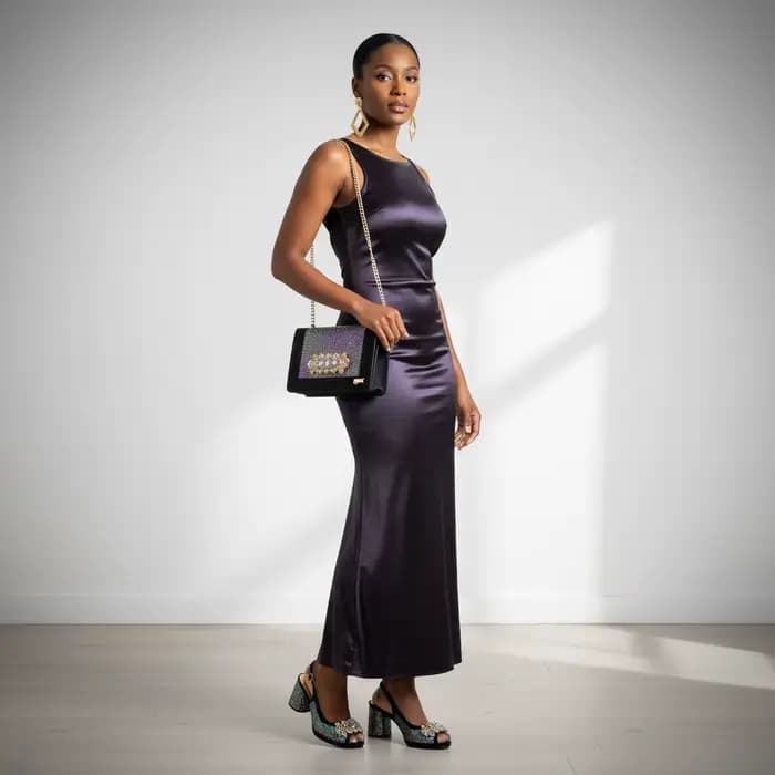 Ensemble de chaussures à talons hauts élégantes noires INS 2026 pour femmes et sac orné de strass -