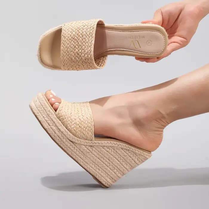 Sandales compensées en corde de chanvre pour femme 2026, à semelle épaisse, en paille tressée, à bride unique, imperméables, plateforme, talons hauts, pour l'été