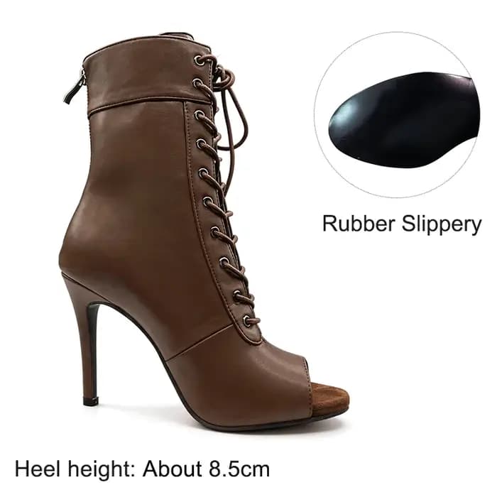 Bottines de jazz marron pour femme à talons fins, bout ouvert, à lacets, chaussures de danse à talons hauts, bottes de danse latine, chaussures de soirée sexy