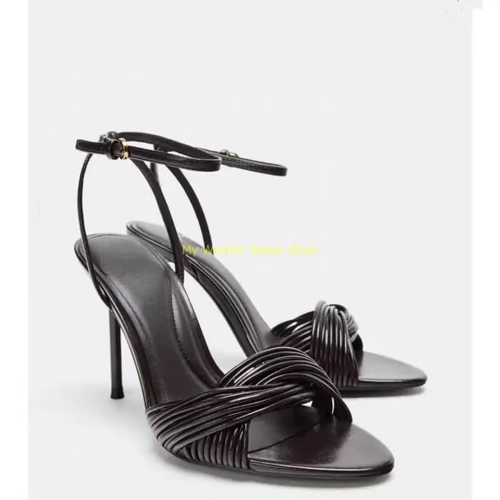 Sandales à talons aiguilles torsadées à brides, bout ouvert, bride de cheville à boucle, bout rond,