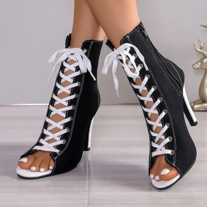 Bottines à plateforme en toile de qualité, sexy, à talon haut, à lacets et fermeture éclair, style stiletto, pour femme, bout rond, chaussures décontractées