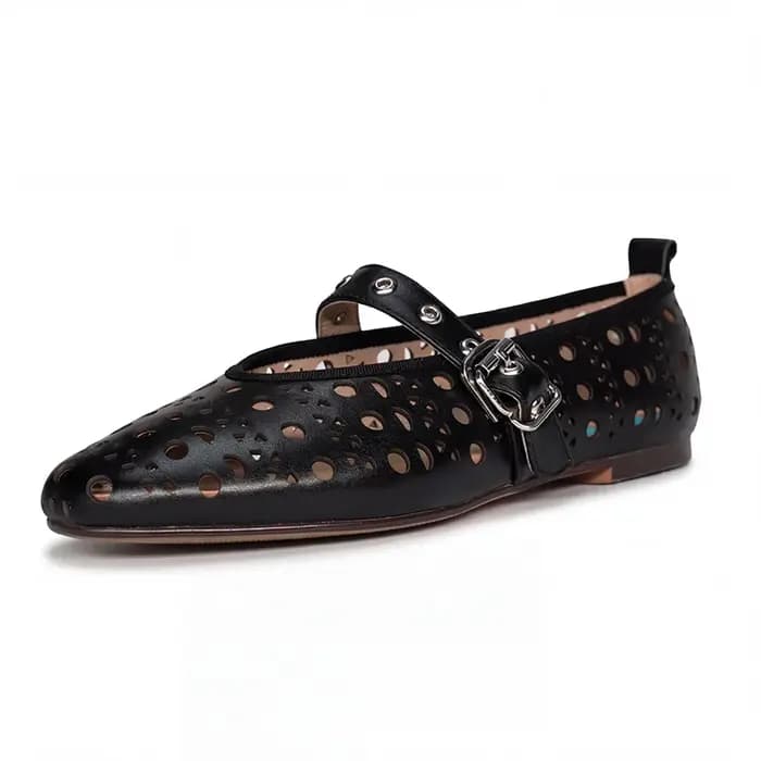 Nouvelle Tendance Été Chaussures Plates Creuses pour Femmes en Cuir Véritable à Bout Fermé avec Boucle Uni