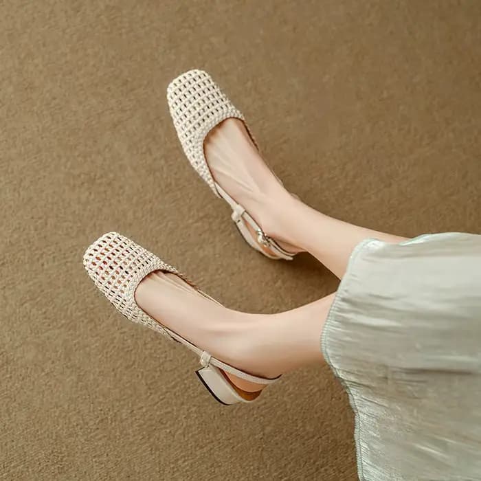 Sandales à talons hauts tissées à bout pointu style français pour femmes, talon épais, en cuir respirant, chaussures d'été tendance