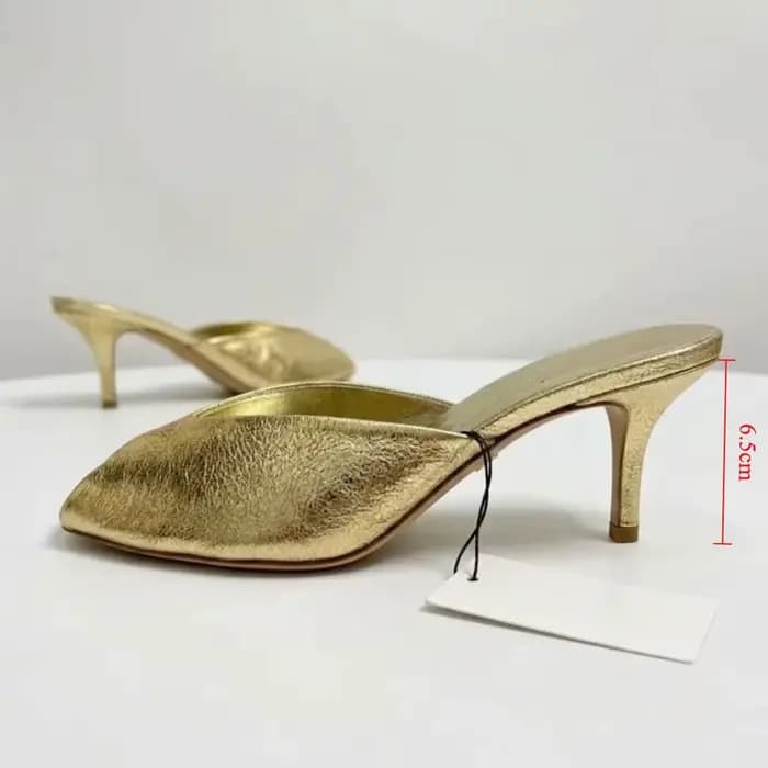 Mules dorées brillantes pour femmes, chaussures à enfiler, à bout ouvert, talons mi-hauts, sandales