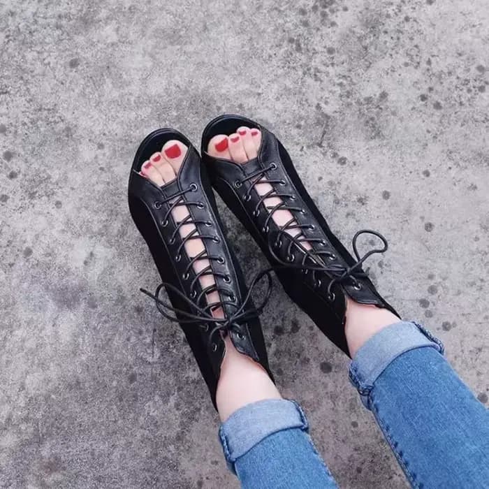 Sandales à lacets talons 9CM chaussures pour femmes été 2024 tendance noir Sexy bottes à bout ouvert mode tissu