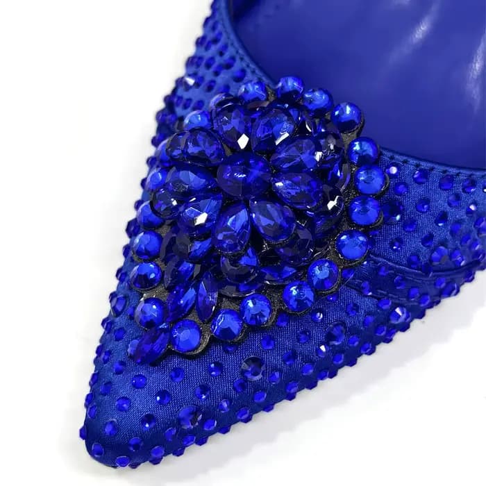 Chaussures à talons hauts confortables et sac assorti en strass bleu Venus Chan – Style mode à bout pointu pour femme ou chaussures de ville