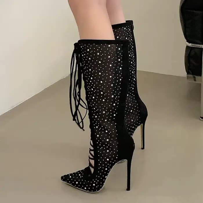 Eilyken Design Bottes hautes sexy pour femme à bout pointu, en maille ajourée, à lacets, à talons ai