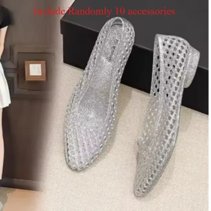 Sandales à bout pointu en gelée de cristal, décorations DIY, chaussures plates ajourées à fleurs séchées et paillettes, mode décontractée pour la plage et les vacances